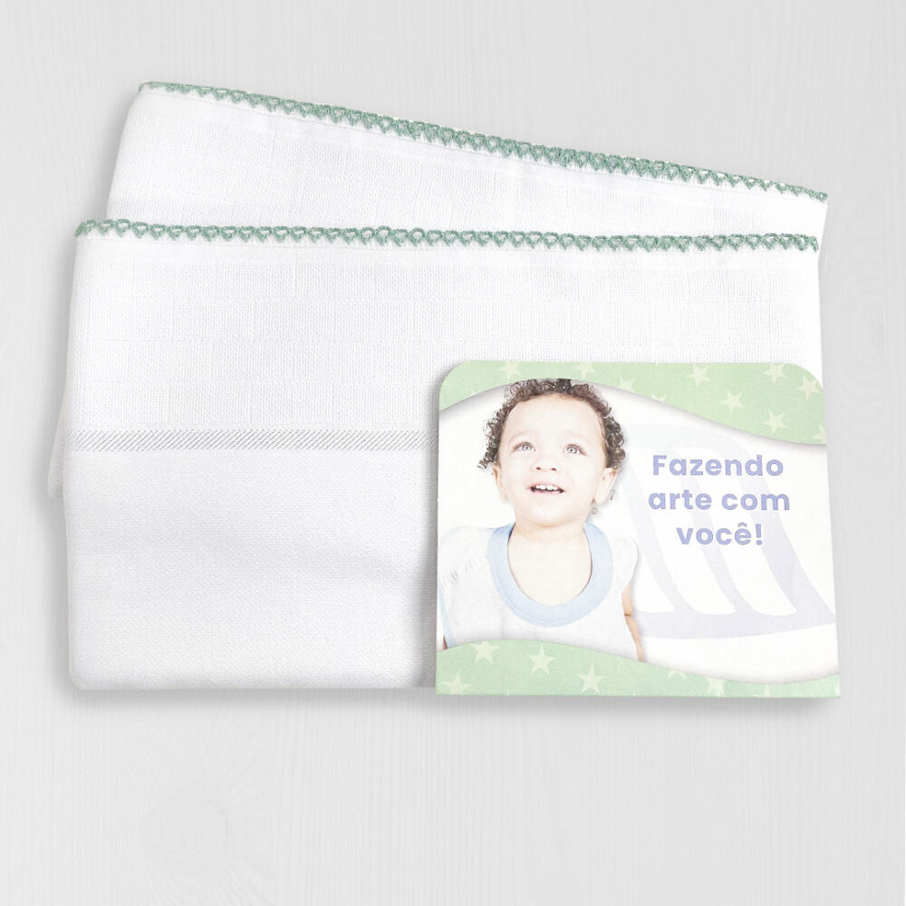 Kit 2 unid Fralda de Banho Mabber Barra para Pintar e Bordar Modelo Estrela com Acabamento de Crochê 100% Algodão 80x80 - Verde vintage jlm