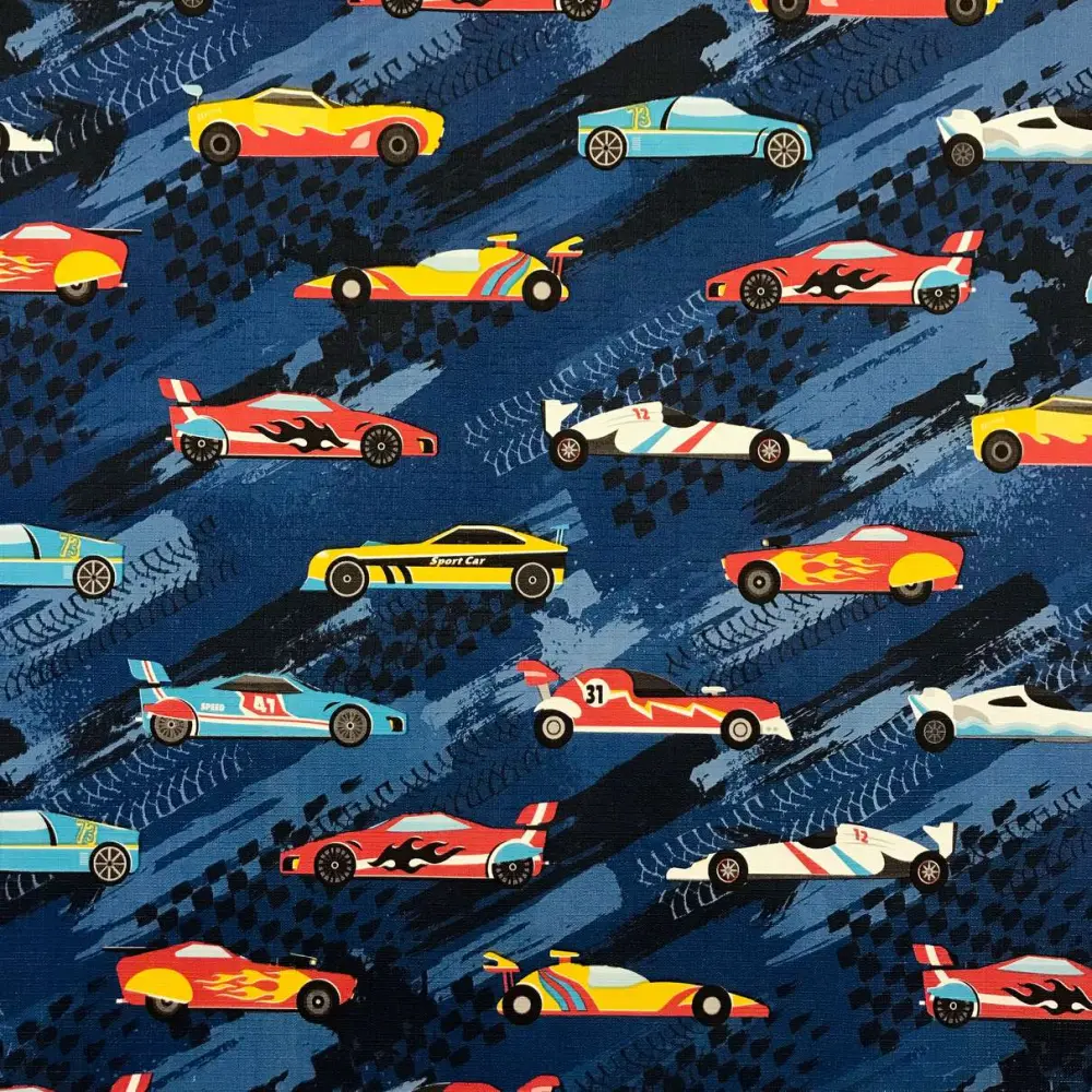 Tecido Sintético PVC Estampado Carrinhos Corrida 100% Poliéster 1,40m Largura - Cor unica Tecido Sintético PVC Estampado Carrinhos Corrida 100% Poliéster 1,40m Largura - Cor unica