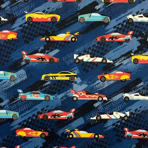 Tecido Sintético PVC Estampado Carrinhos Corrida 100% Poliéster 1,40m Largura - Cor unica Tecido Sintético PVC Estampado Carrinhos Corrida 100% Poliéster 1,40m Largura - Cor unica