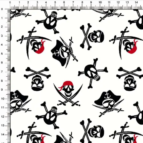 Tecido Tricoline Estampado - Caveira Pirata - 100% Algodão - 1,50m largura - Variante 1