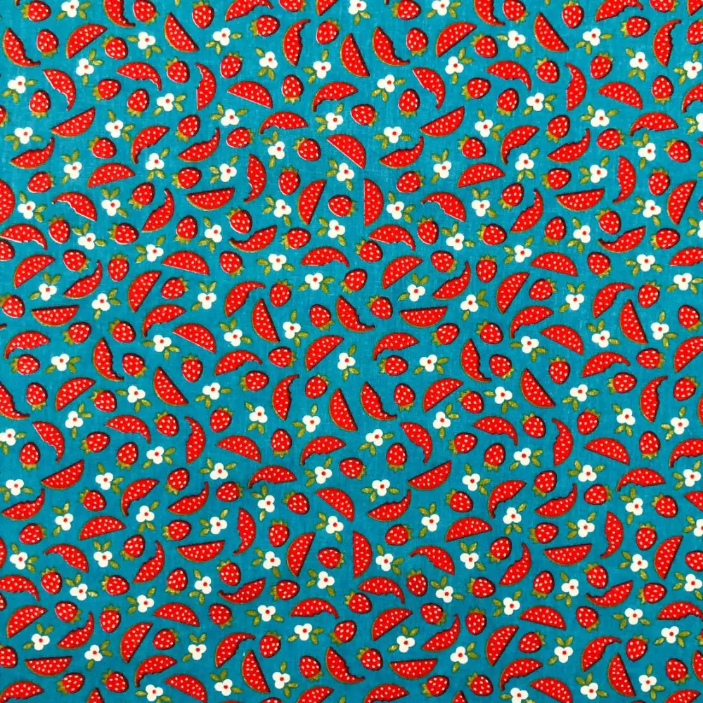 Tecido Tricoline Estampado - Melancia com Moranguinhos - 100% Algodão - Variante 5 Tecido Tricoline Estampado - Melancia com Moranguinhos - 100% Algodão - Variante 5