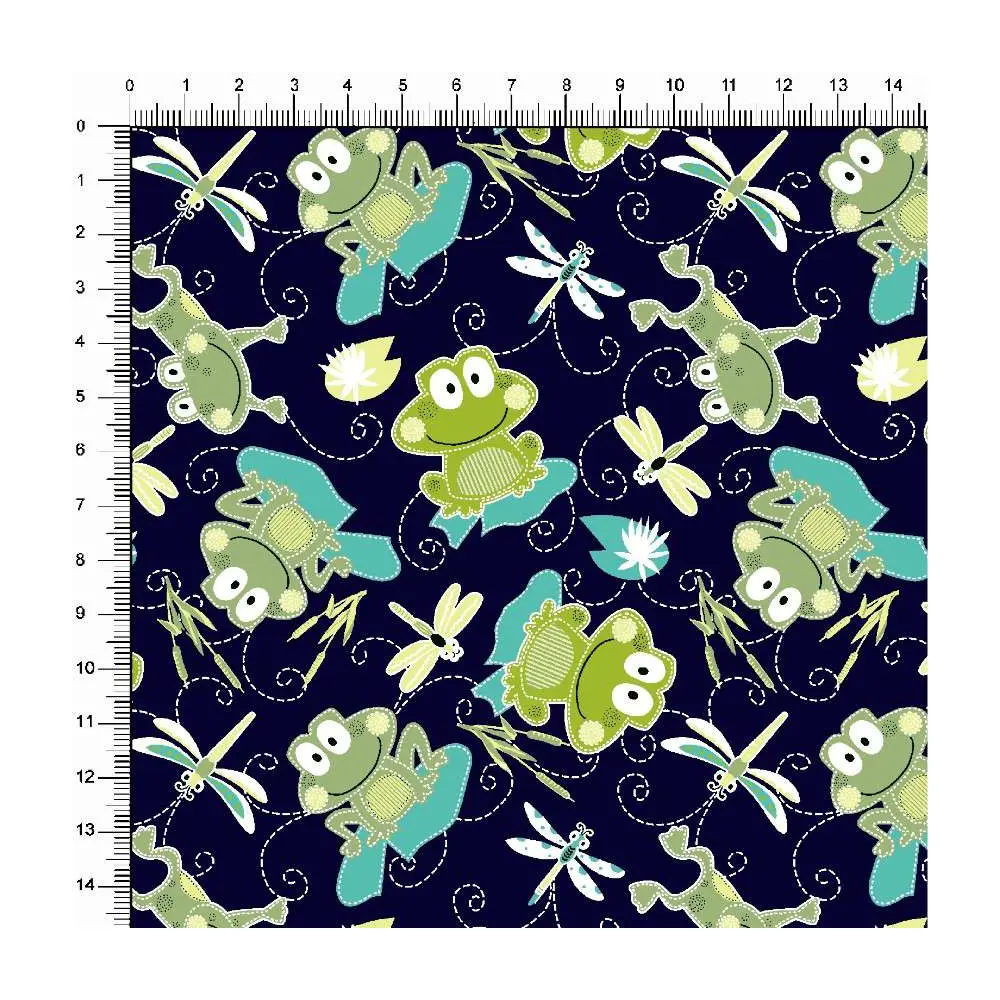 Tecido Tricoline Estampado - Sapo e Libélula - 100% Algodão - 1,50m largura - Variante 3 Tecido Tricoline Estampado - Sapo e Libélula - 100% Algodão - 1,50m largura - Variante 3