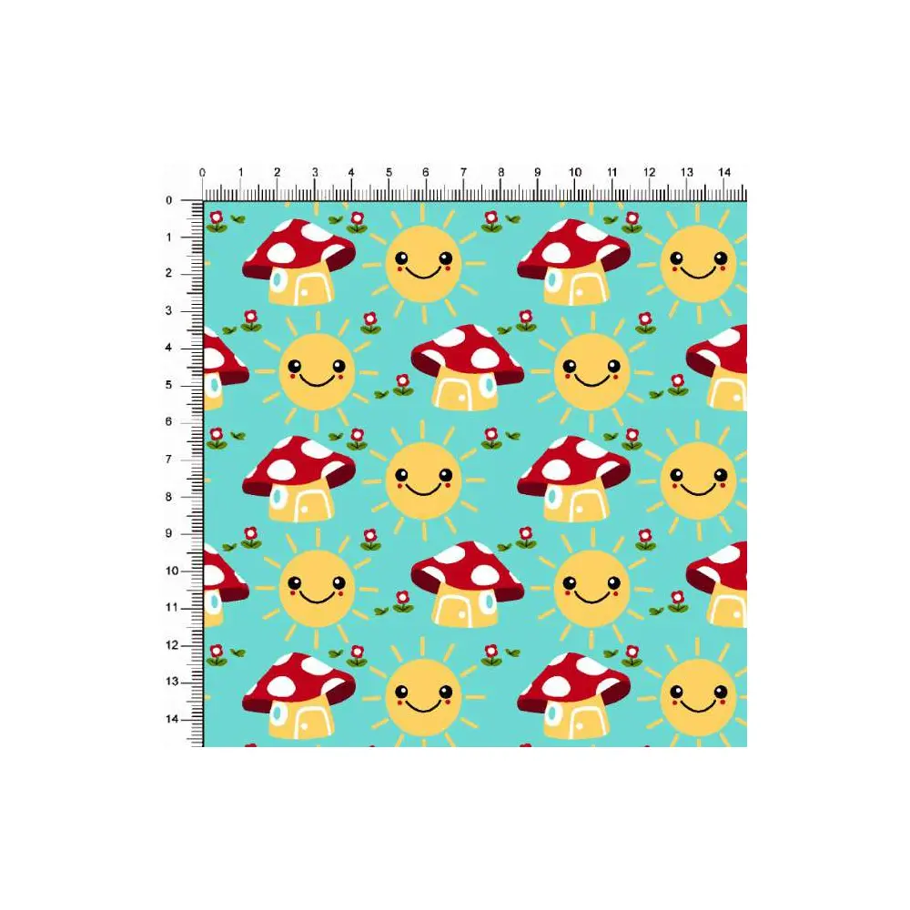 Tecido Tricoline Estampado - Sol e Cogumelos - 100% Algodão - 1,50m largura - Variante 3 Tecido Tricoline Estampado - Sol e Cogumelos - 100% Algodão - 1,50m largura - Variante 3
