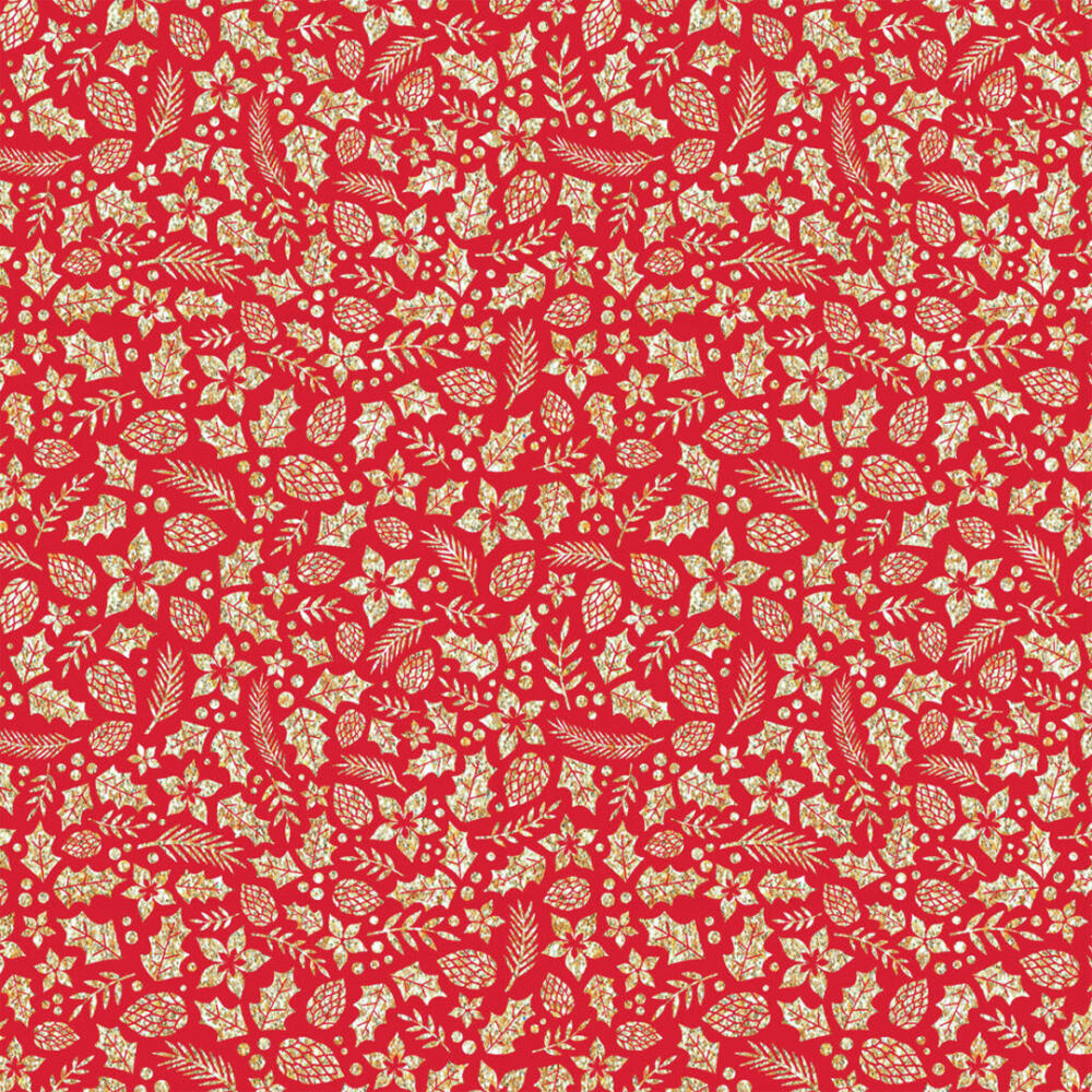 Tecido Tricoline Natal - Folhas Glitter Dourado - 100% Algodão - 1,50m largura - Vermelho