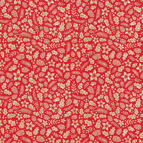 Tecido Tricoline Natal - Folhas Glitter Dourado - 100% Algodão - 1,50m largura - Vermelho