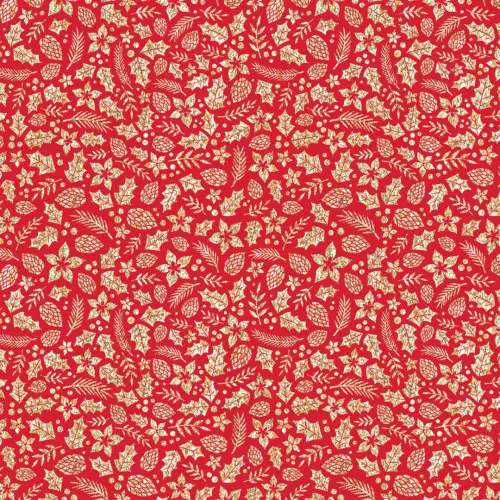 Tecido Tricoline Natal - Folhas Glitter Dourado - 100% Algodão - 1,50m largura - Vermelho