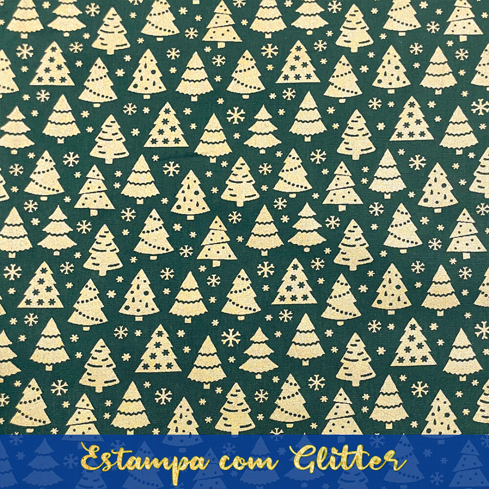 Tecido Tricoline Natal - Pinheiro Glitter Dourado - 100% Algodão - 1,50m largura - Variante 59