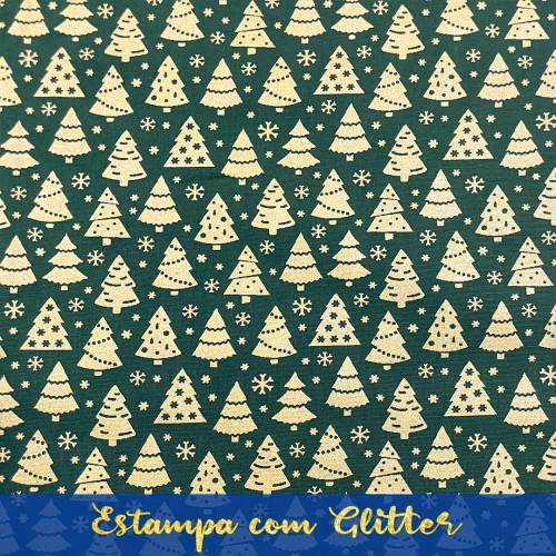 Tecido Tricoline Natal - Pinheiro Glitter Dourado - 100% Algodão - 1,50m largura - Variante 59