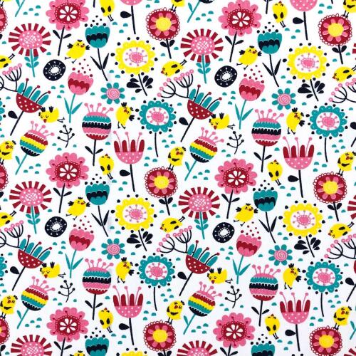 Tecido Tricoline - Passáro com Flores - 100% Algodão - 1,50m largura - Variante 1