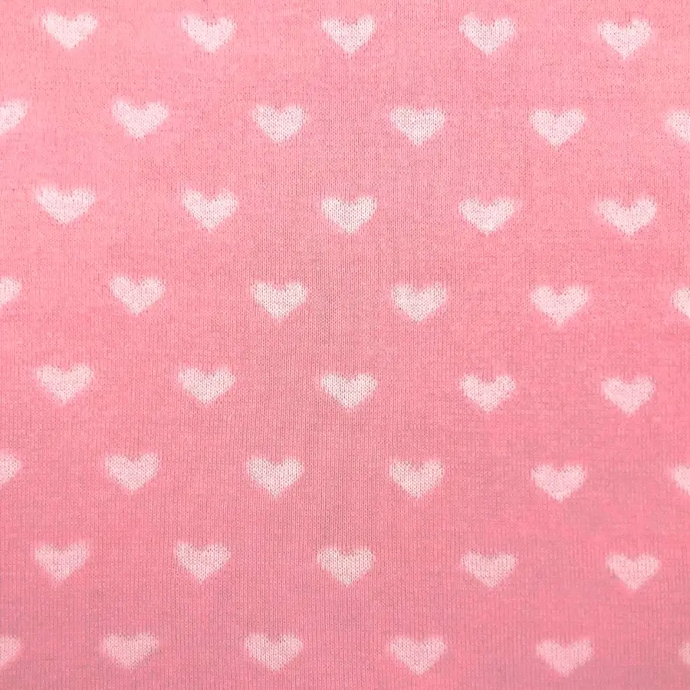 Tecido Tricot com Desenhos em Metro 50% Algodão 50% Acrílico 1m Largura - Coracao rosa com off