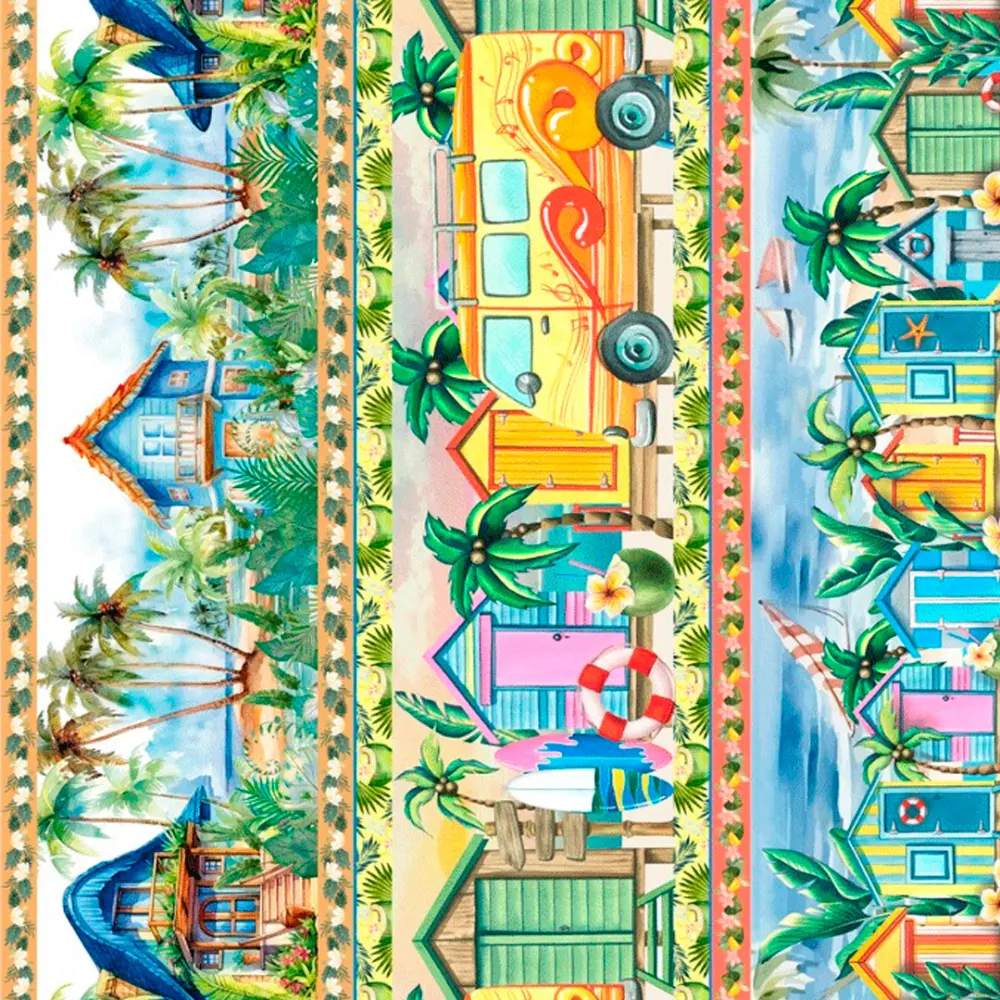 Tricoline Digital Barrado Aloha Tropical 100% Algodão - Variante 1 Tricoline Digital Barrado Aloha Tropical 100% Algodão - Variante 1