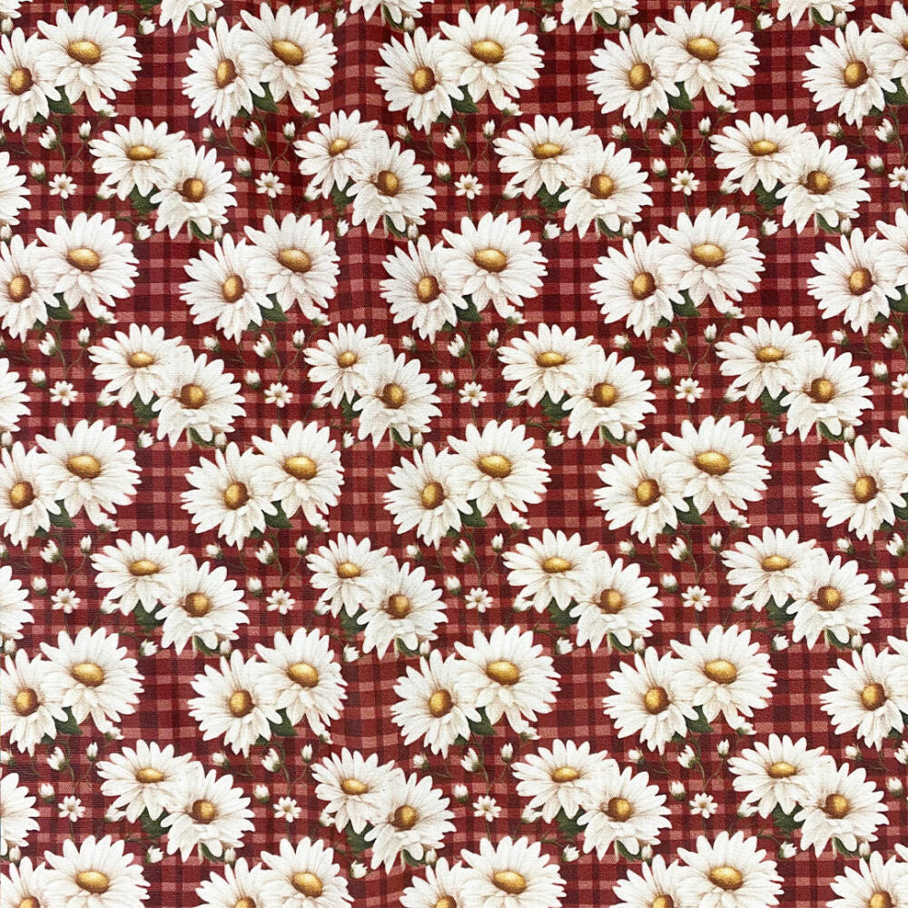 Tricoline Digital Fabricart Coleção Margaridas 100% Algodão 1,50m Largura - Fundo bordô