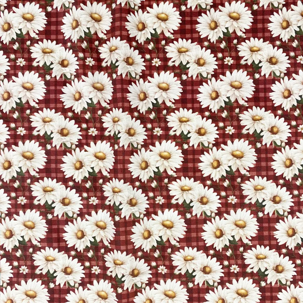 Tricoline Digital Fabricart Coleção Margaridas 100% Algodão 1,50m Largura - Fundo bordô