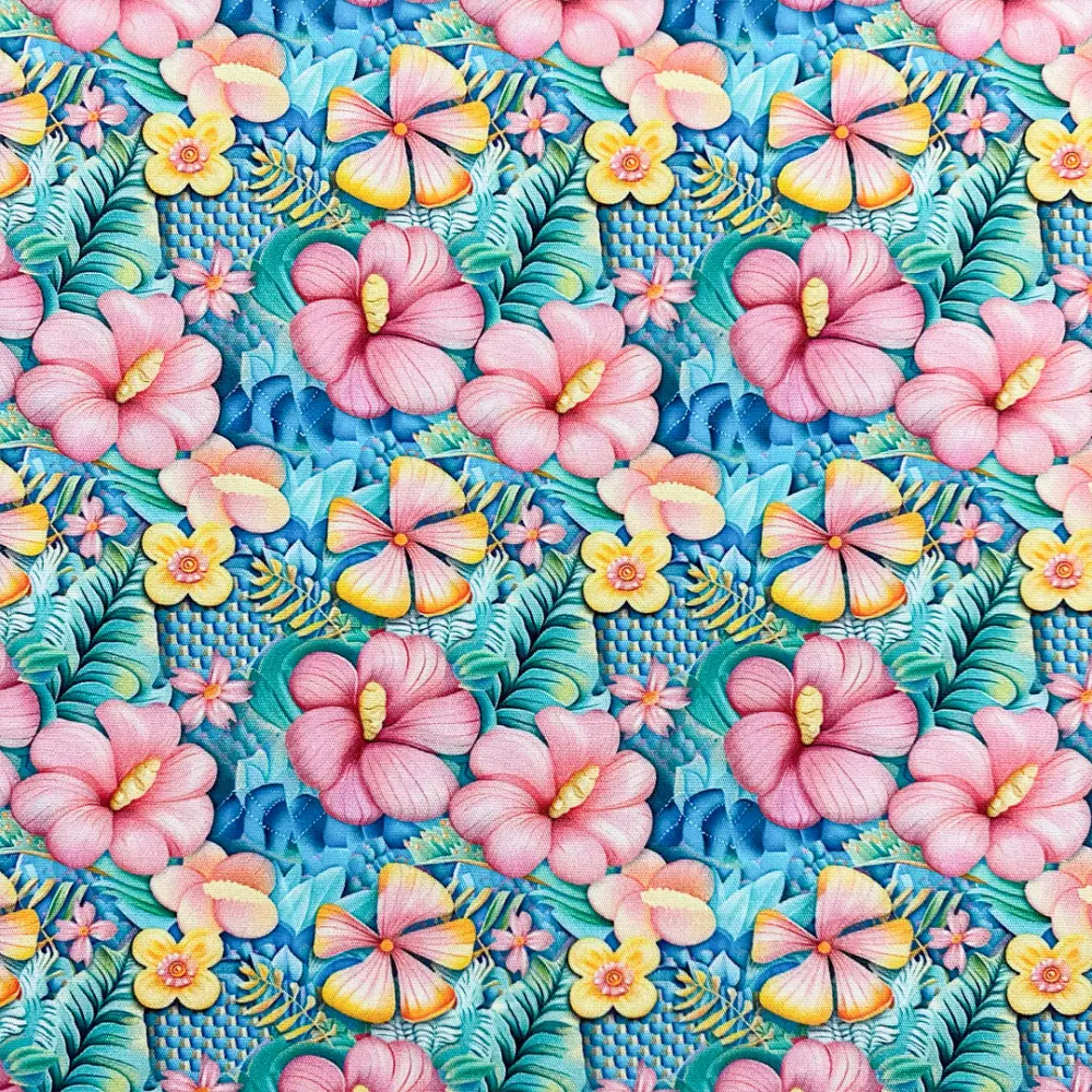 Tricoline Digital Fabricart Coleção Tropical 100% Algodão 1,50m Largura - Flores hibiscos