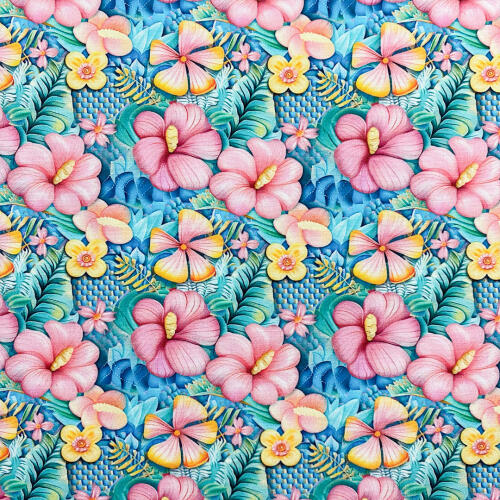 Tricoline Digital Fabricart Coleção Tropical 100% Algodão 1,50m Largura - Flores hibiscos