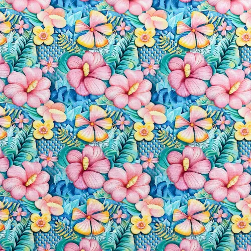 Tricoline Digital Fabricart Coleção Tropical 100% Algodão 1,50m Largura - Flores hibiscos