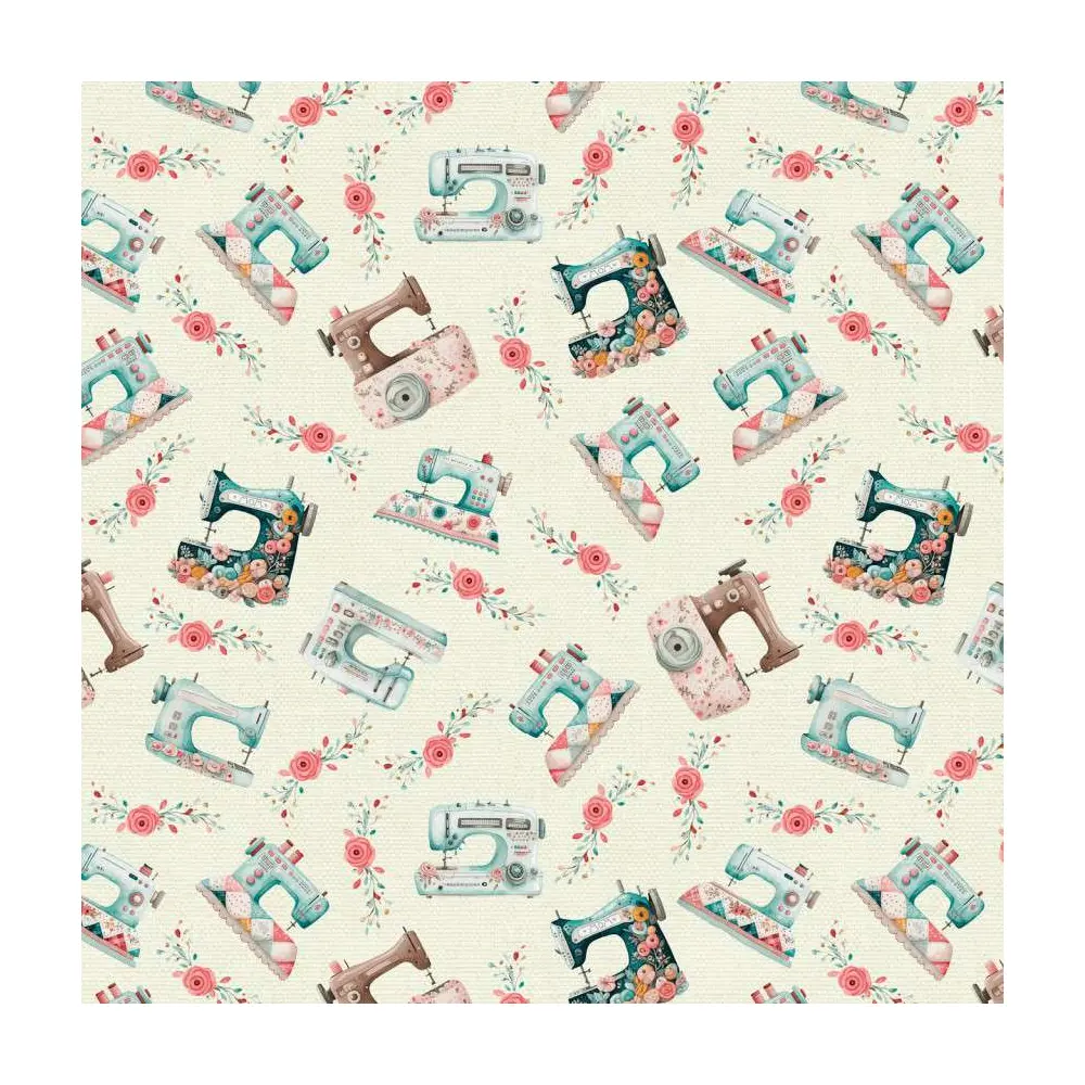 Tricoline Digital Fabricart Máquina e Flores 100% Algodão 1,50m Largura - Variante 1