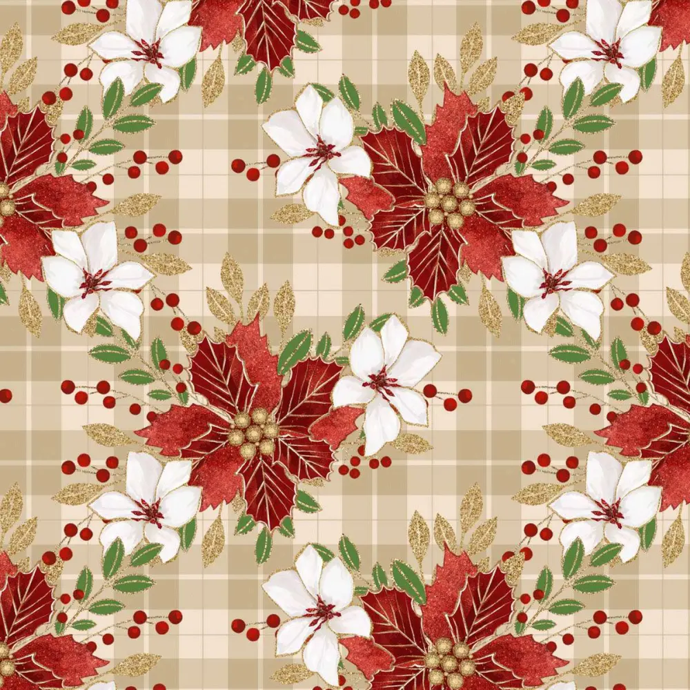 Tricoline Digital Flores de Natal Glitter 100% Algodão 1,50m Largura - Variante 1 Tricoline Digital Flores de Natal Glitter 100% Algodão 1,50m Largura - Variante 1