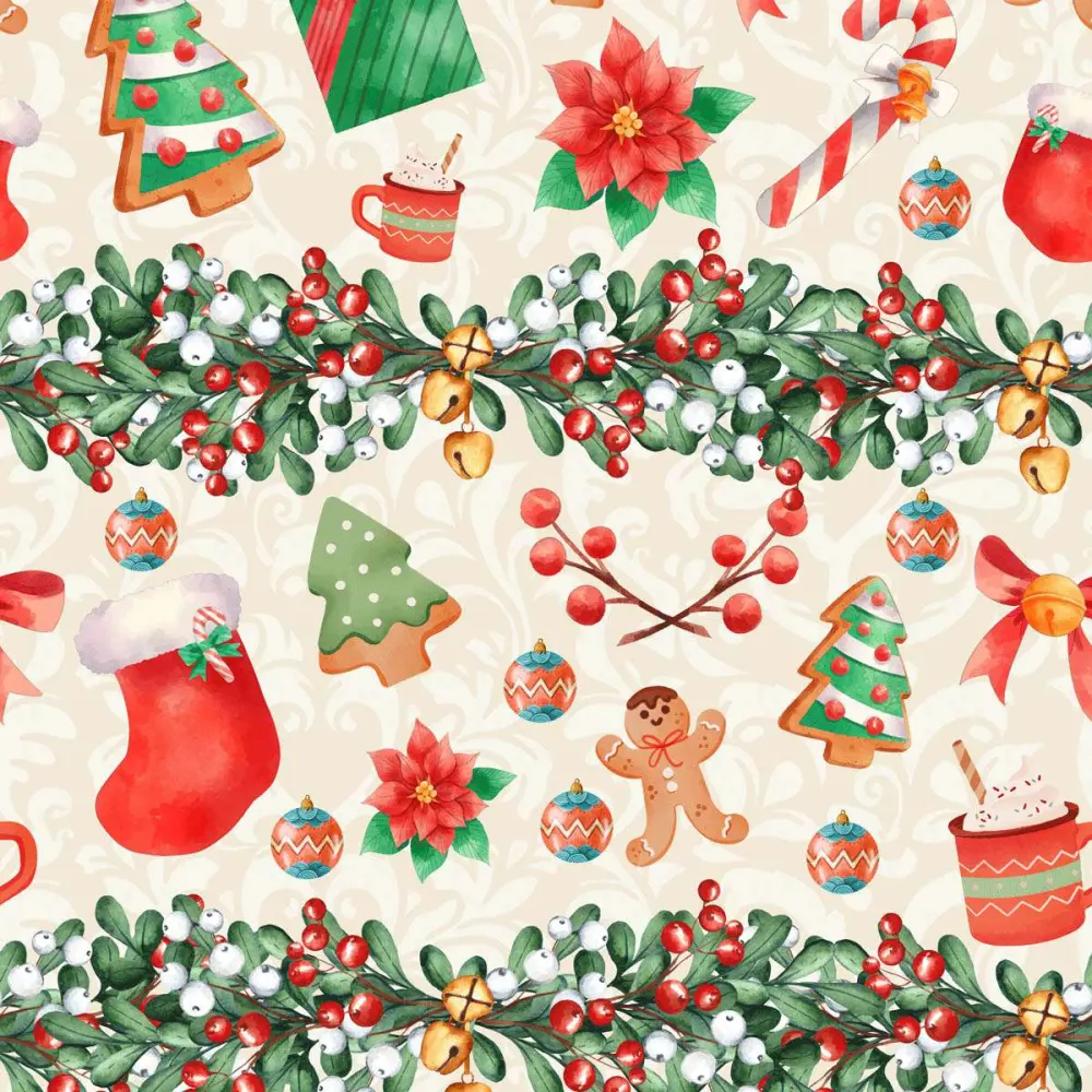 Tricoline Digital - Itens de Natal Fundo Bege - 100% Algodão - Variante 1 Tricoline Digital - Itens de Natal Fundo Bege - 100% Algodão - Variante 1