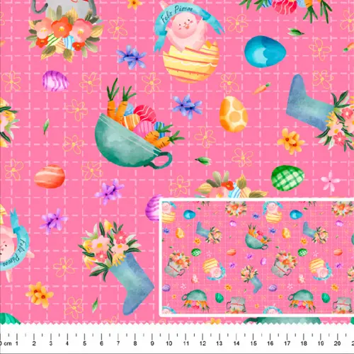 Tricoline Digital Páscoa Cestinhas Fundo Rosa 100% Algodão 1,50m Largura - Variante 1 Tricoline Digital Páscoa Cestinhas Fundo Rosa 100% Algodão 1,50m Largura - Variante 1