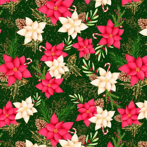 Tricoline Digital - Ramos de Flores Natal - 100% Algodão - Variante 1 Tricoline Digital - Ramos de Flores Natal - 100% Algodão - Variante 1