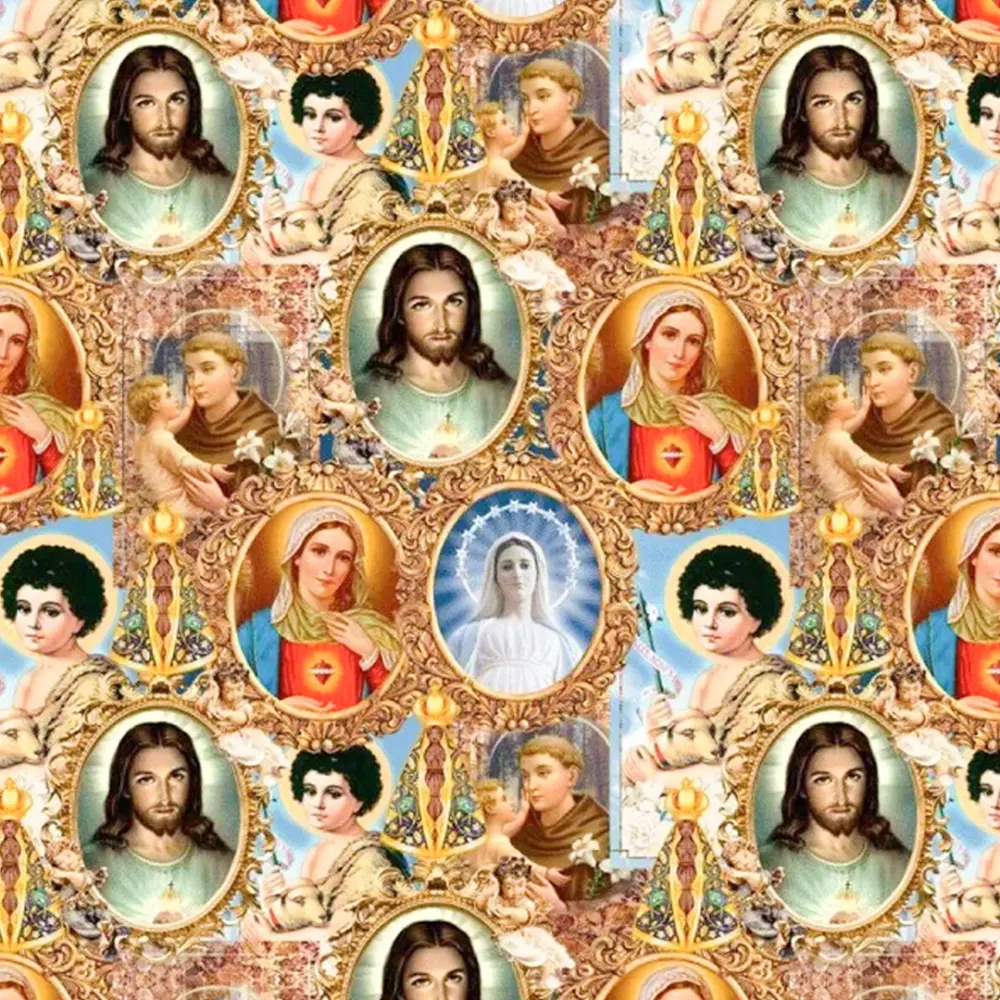 Tricoline Digital Sacro Medalha Rostos Santos 100% Algodão - Variante 1 Tricoline Digital Sacro Medalha Rostos Santos 100% Algodão - Variante 1