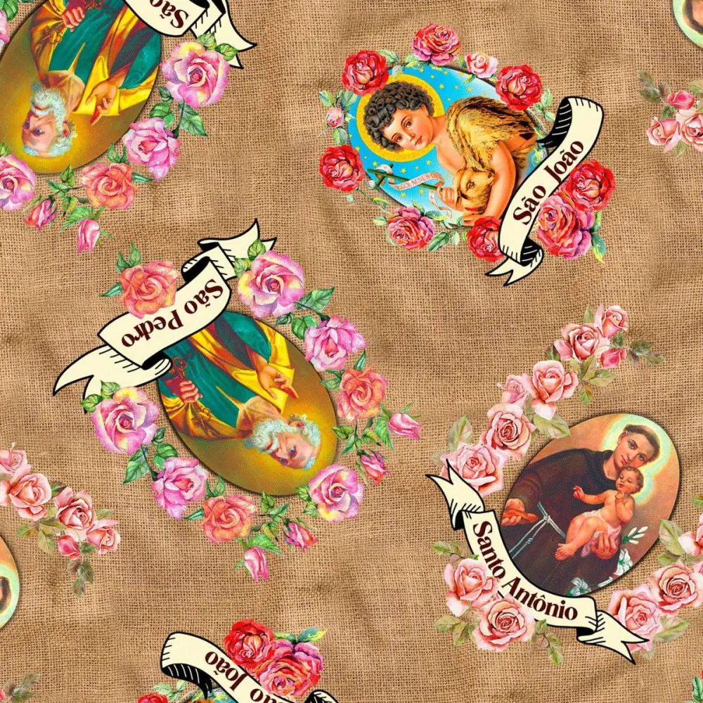Tricoline Digital Sacro Santos Fundo Juta 100% Algodão - Variante 1 Tricoline Digital Sacro Santos Fundo Juta 100% Algodão - Variante 1