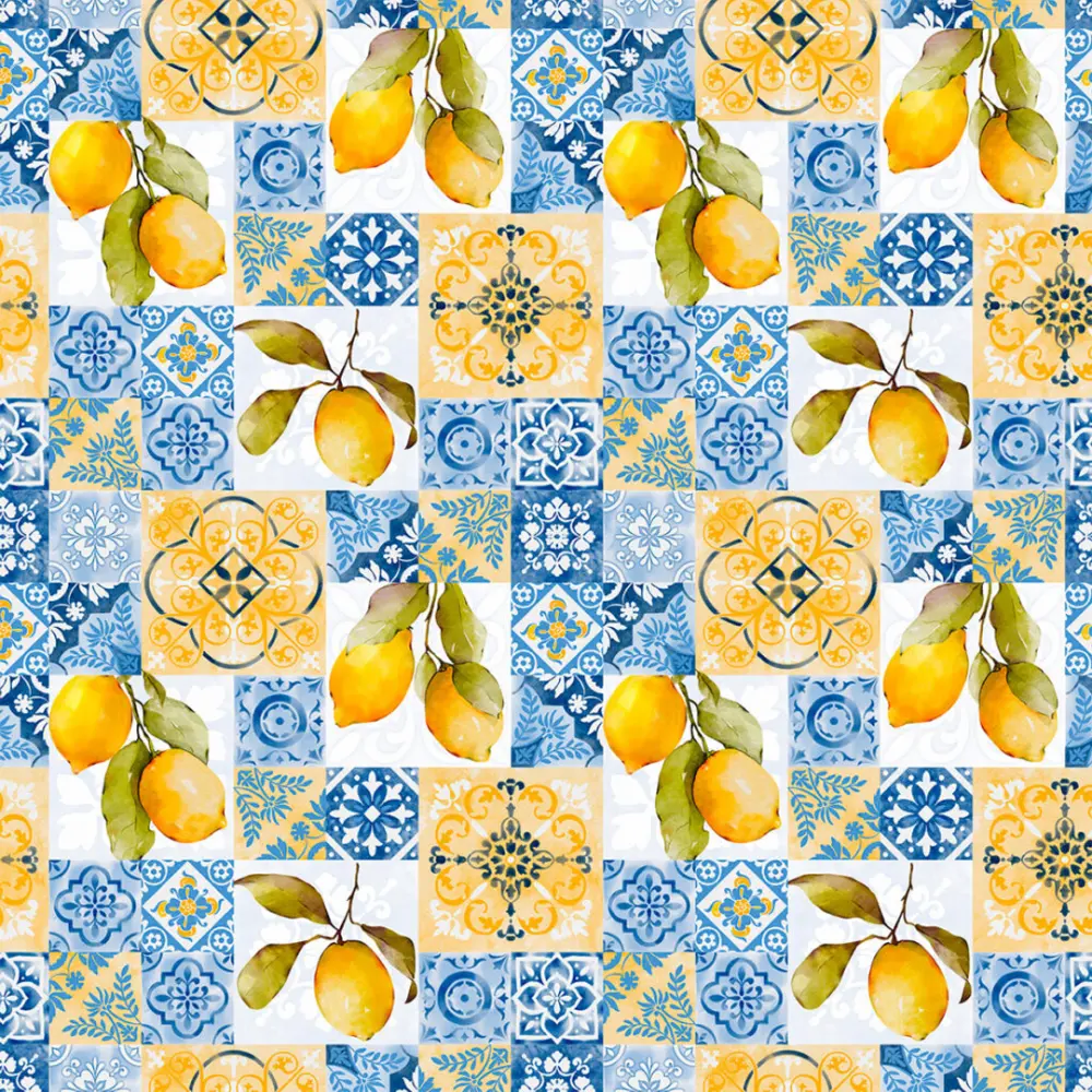 Tricoline Estampada Azulejo Português com Limão Siciliano 100% Algodão 1,50m largura - Variante 1 Tricoline Estampada Azulejo Português com Limão Siciliano 100% Algodão 1,50m largura - Variante 1