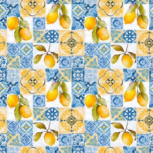 Tricoline Estampada Azulejo Português com Limão Siciliano 100% Algodão 1,50m largura - Variante 1