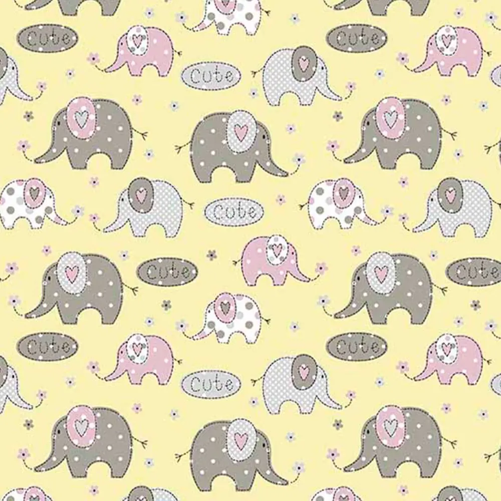 Tricoline Estampada - Elefante Cute Amarelo- 100% Algodão - 1,50m Largura - Variante 1
