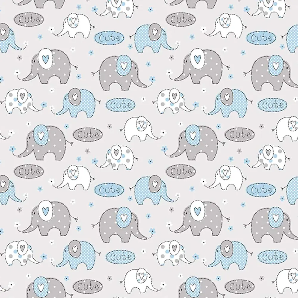 Tricoline Estampada - Elefante Cute Azul Bebê - 100% Algodão - 1,50m Largura - Variante 1