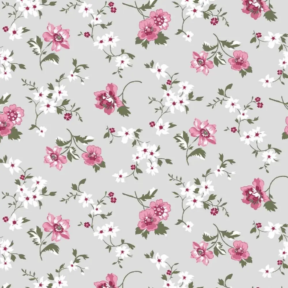 Tricoline Estampada - Mini Flores Fundo Cinza - 100% Algodão - 1,50m Largura - Variante 1