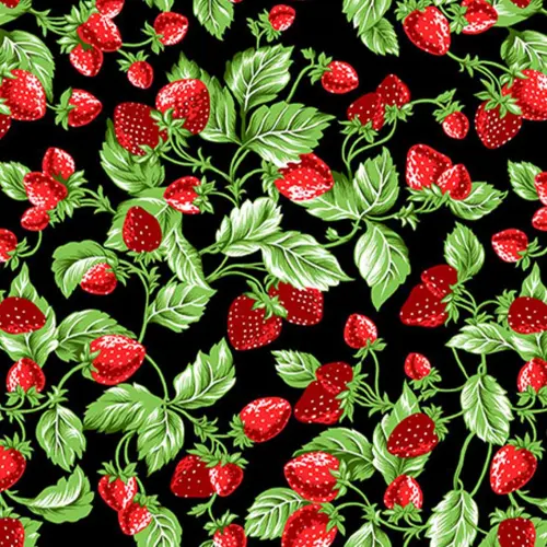 Tricoline Estampada - Morangos Fundo Preto - 100% Algodão - 1,50m Largura - Variante 1 Tricoline Estampada - Morangos Fundo Preto - 100% Algodão - 1,50m Largura - Variante 1