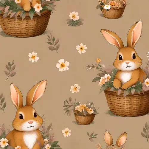 Tricoline Estampada Páscoa Coelho no Cesto Fundo Bege 100% Algodão - Variante 1 Tricoline Estampada Páscoa Coelho no Cesto Fundo Bege 100% Algodão - Variante 1
