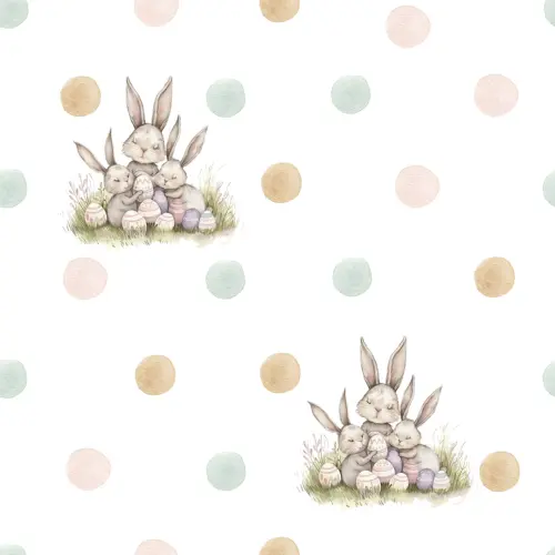Tricoline Estampada Páscoa Família Coelho com poá 100% Algodão - Variante 1 Tricoline Estampada Páscoa Família Coelho com poá 100% Algodão - Variante 1
