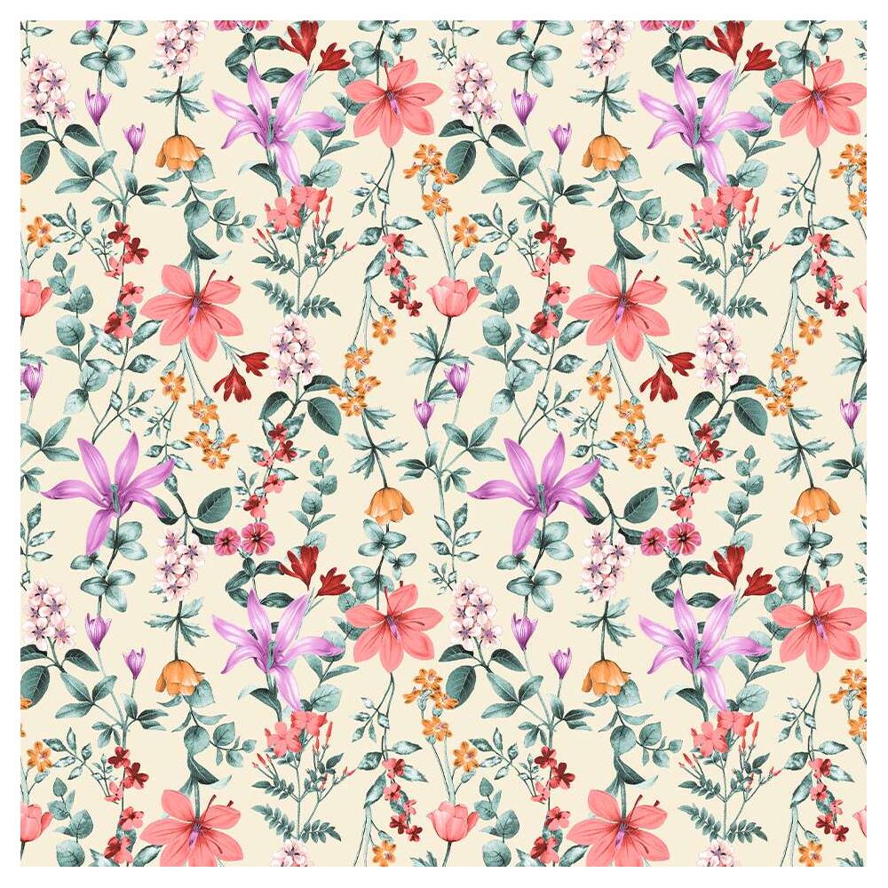 Tricoline Estampada - Ramos Flores Fundo Creme - 100% Algodão - 1,50m Largura - Variante 1