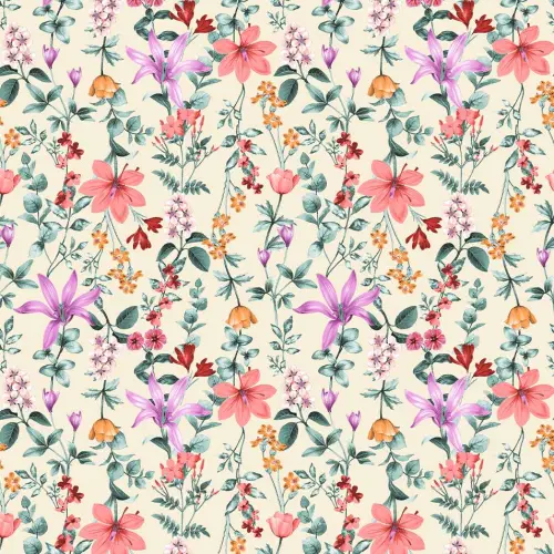 Tricoline Estampada - Ramos Flores Fundo Creme - 100% Algodão - 1,50m Largura - Variante 1
