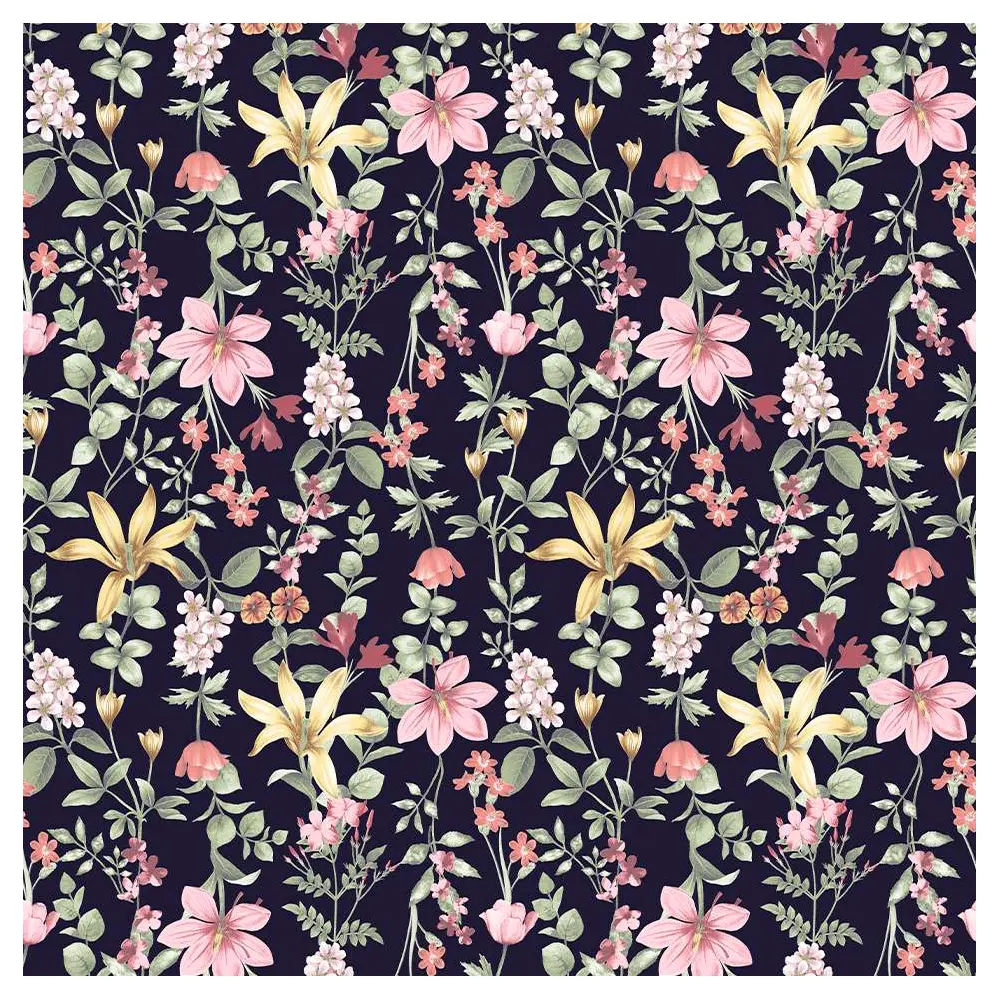 Tricoline Estampada - Ramos Flores Fundo Marinho - 100% Algodão - 1,50m Largura - Variante 1 Tricoline Estampada - Ramos Flores Fundo Marinho - 100% Algodão - 1,50m Largura - Variante 1