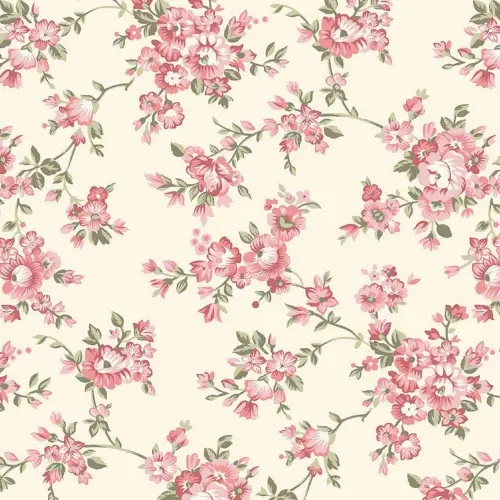 Tricoline Estampada - Ramos Rosas - 100% Algodão - 1,50m Largura - Variante 1