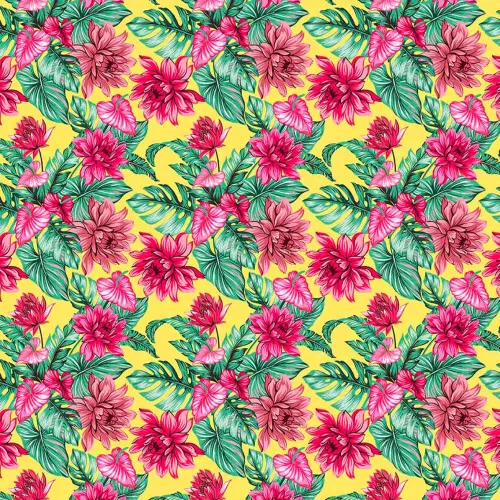Tricoline Estampada - Tropical Fundo Amarelo - 100% Algodão - Variante 1