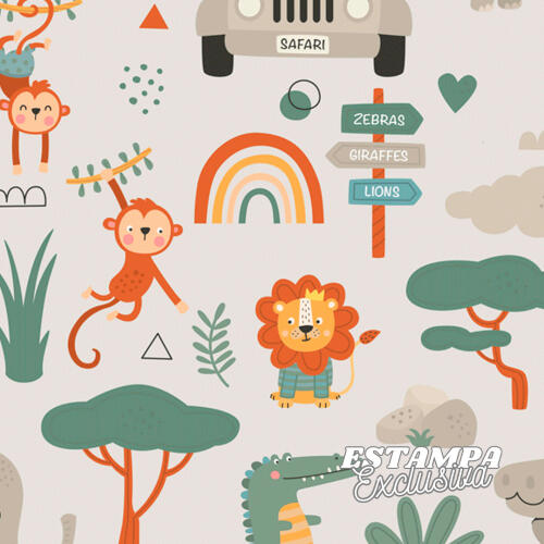 Tricoline Exclusiva Coleção Safari Universo Encantado 100% Algodão 1,50m Largura - Bicharada fundo branco