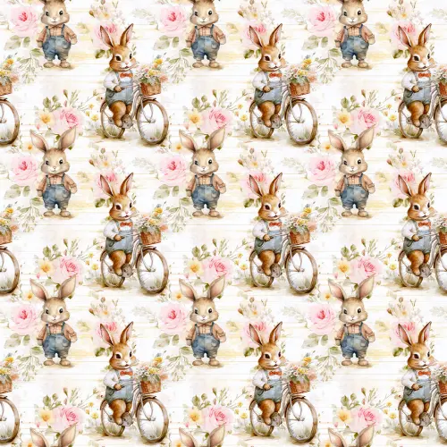 Tricoline Exclusiva Páscoa Coleção Coelhos Românticos 100% Algodão 1,50m Largura - Bicicleta